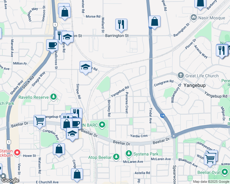 map of restaurants, bars, coffee shops, grocery stores, and more near 129 Yangebup Road in Yangebup