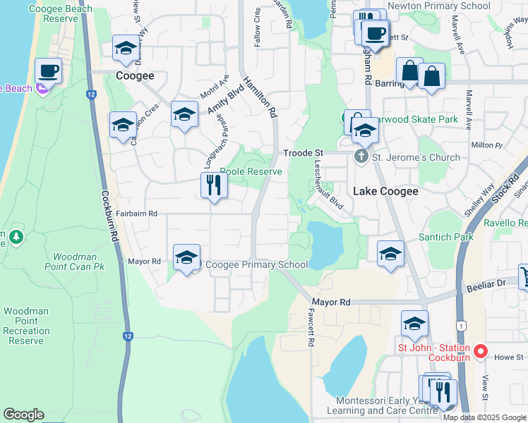 map of restaurants, bars, coffee shops, grocery stores, and more near 38 Kotisina Gardens in Munster