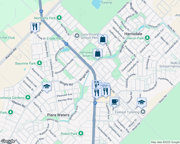 map of restaurants, bars, coffee shops, grocery stores, and more near 314 Wright Road in Piara Waters