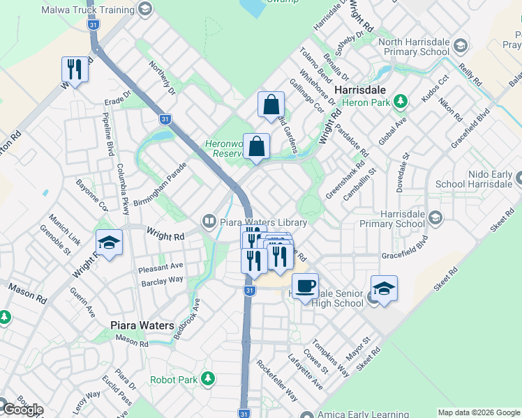 map of restaurants, bars, coffee shops, grocery stores, and more near 33 Goldfinch Bend in Harrisdale