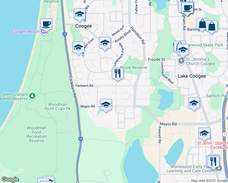 map of restaurants, bars, coffee shops, grocery stores, and more near 9 Peel Road in Coogee