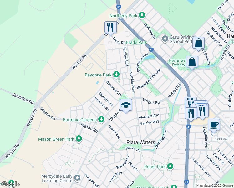 map of restaurants, bars, coffee shops, grocery stores, and more near 25 Bayonne Corner in Piara Waters
