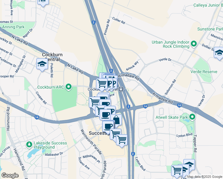 map of restaurants, bars, coffee shops, grocery stores, and more near 23 Junction Boulevard in Cockburn Central