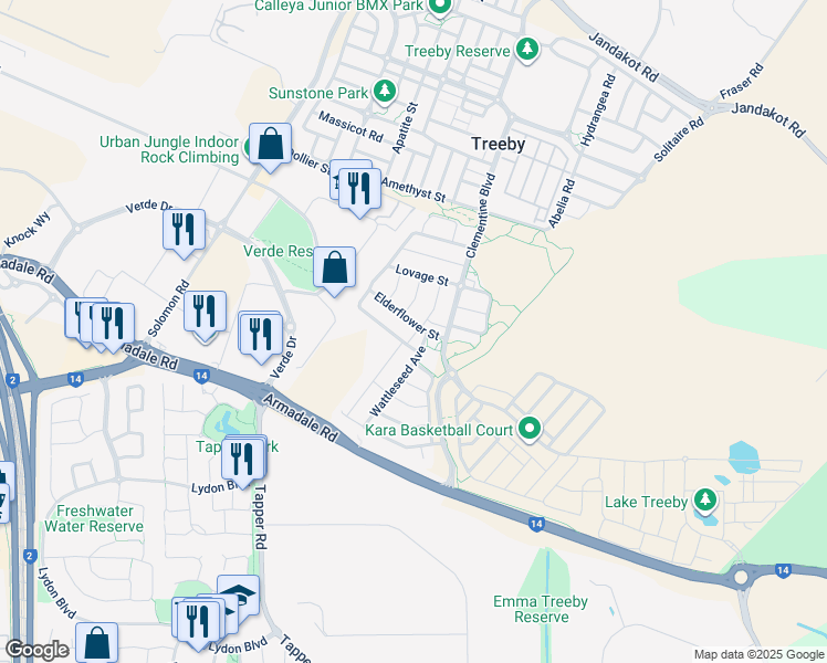 map of restaurants, bars, coffee shops, grocery stores, and more near 17 Elderflower Street in Banjup