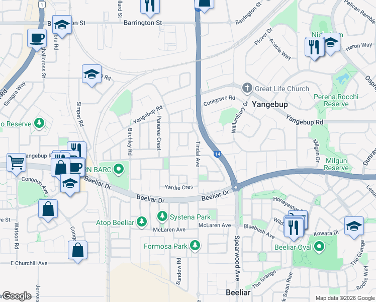 map of restaurants, bars, coffee shops, grocery stores, and more near 22 Dolphin Way in Yangebup