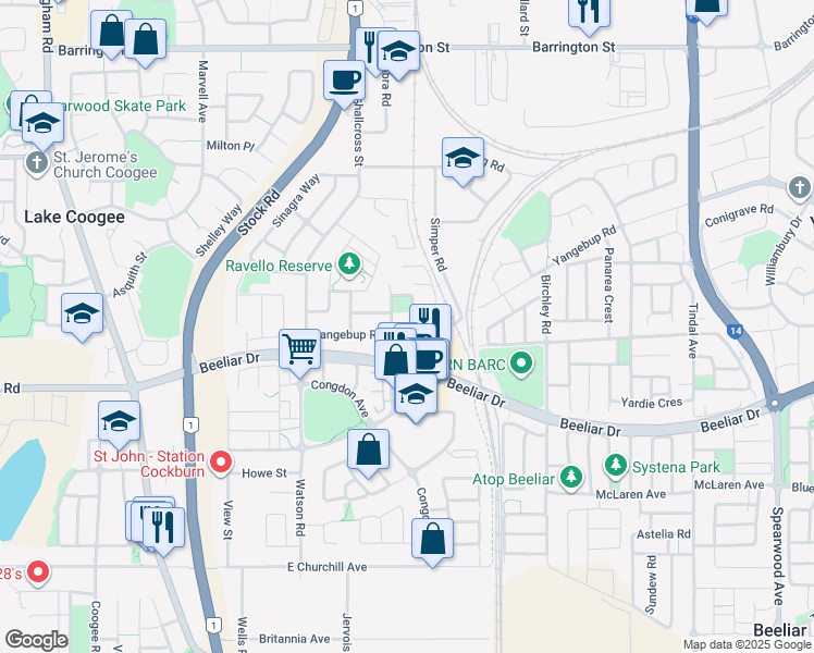 map of restaurants, bars, coffee shops, grocery stores, and more near 1 Minori Gardens in Yangebup