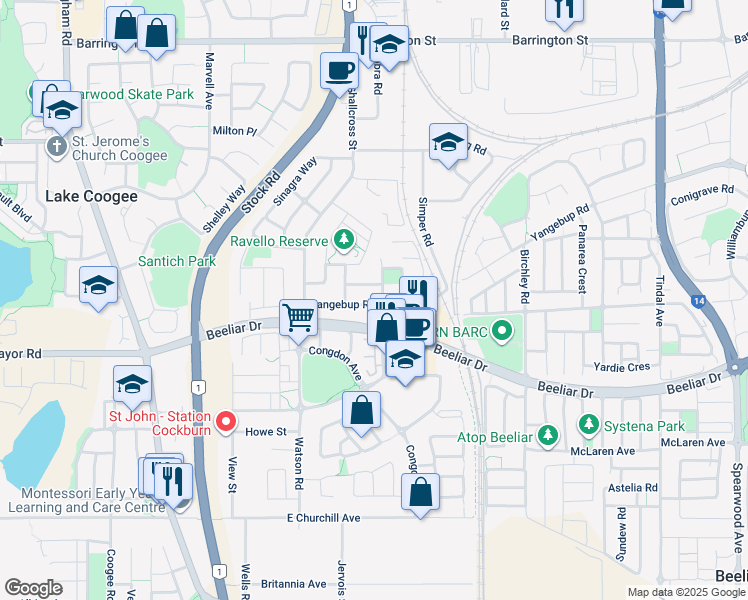 map of restaurants, bars, coffee shops, grocery stores, and more near 1 Positano Crescent in Yangebup