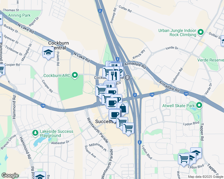 map of restaurants, bars, coffee shops, grocery stores, and more near 10 Linkage Avenue in Cockburn Central