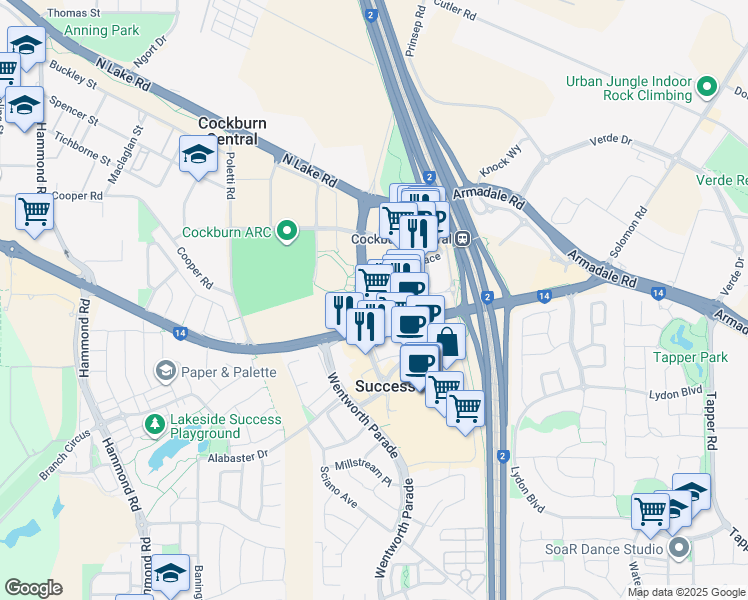 map of restaurants, bars, coffee shops, grocery stores, and more near 2 Stockton Bend in Cockburn Central