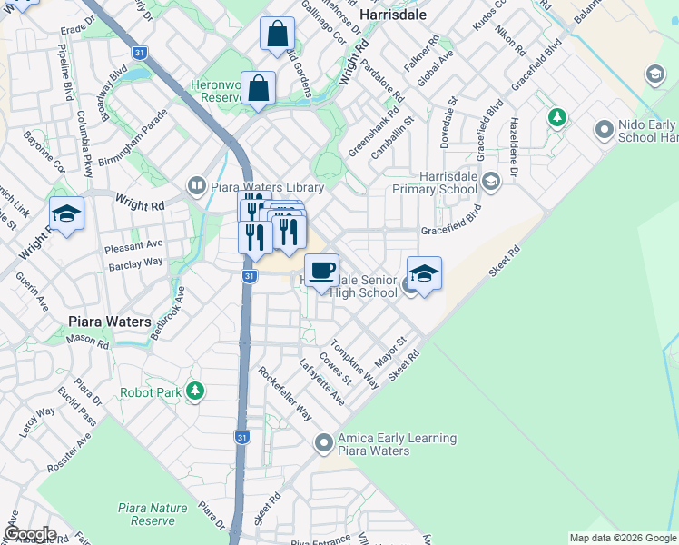 map of restaurants, bars, coffee shops, grocery stores, and more near 6 Pershing Link in Harrisdale