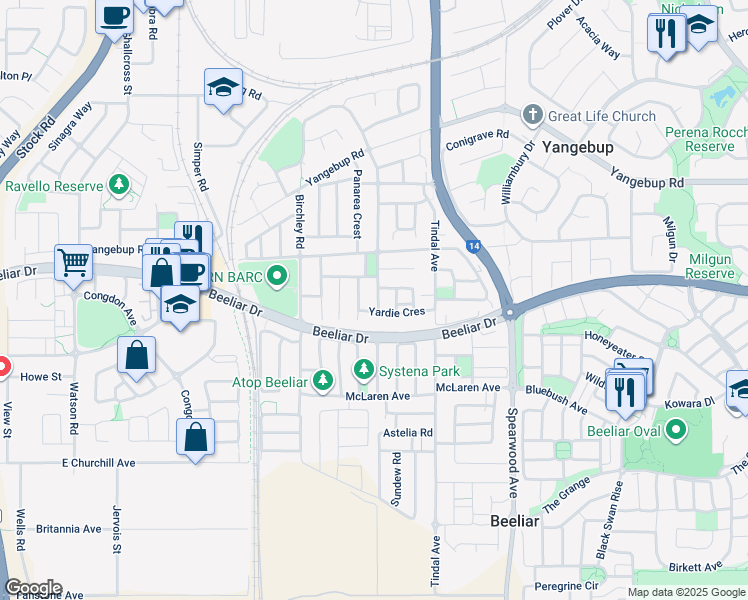 map of restaurants, bars, coffee shops, grocery stores, and more near 56 Spinnaker Heights in Yangebup