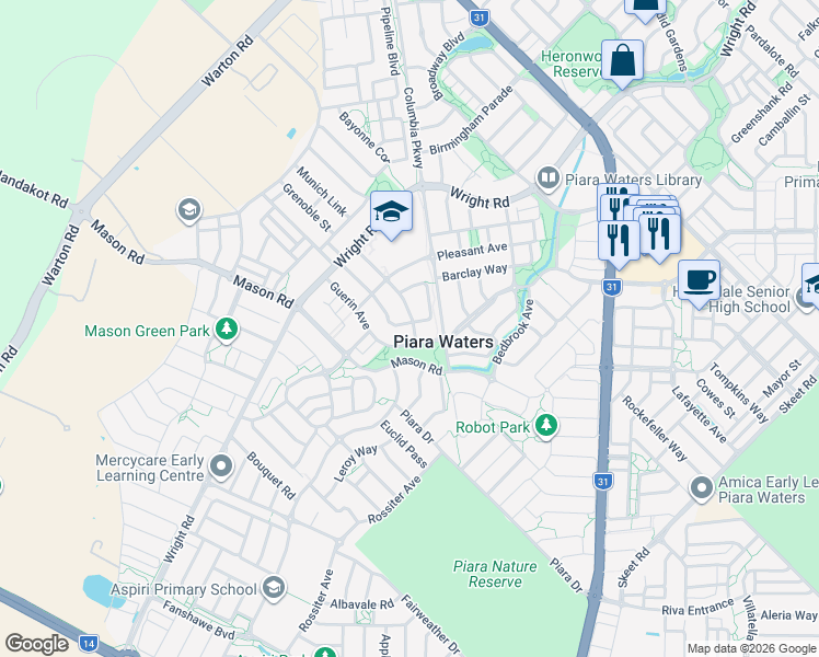 map of restaurants, bars, coffee shops, grocery stores, and more near 43 Archdale Loop in Piara Waters