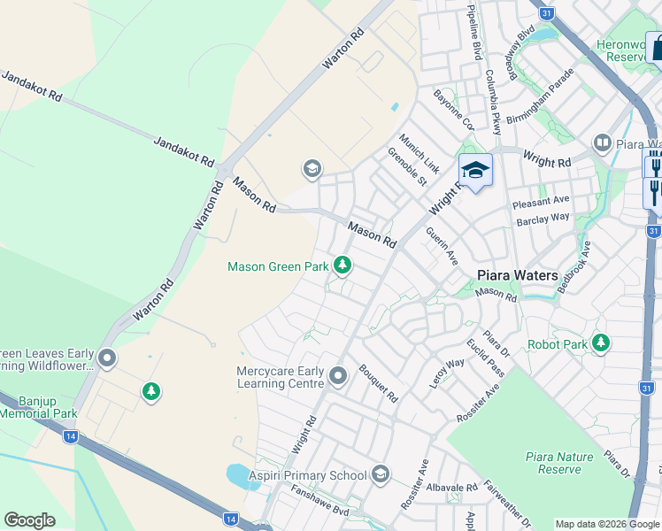 map of restaurants, bars, coffee shops, grocery stores, and more near 27 Willowdale Promenade in Piara Waters