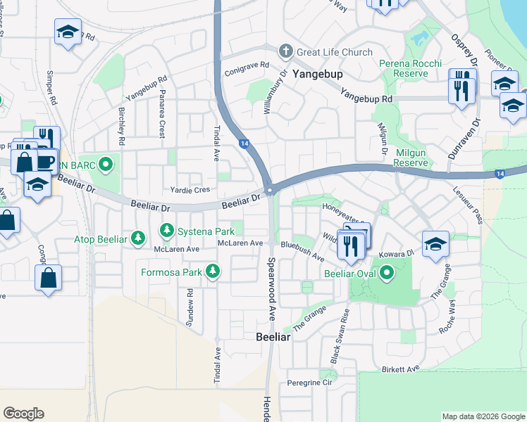 map of restaurants, bars, coffee shops, grocery stores, and more near 13 Ninghan Lookout in Beeliar