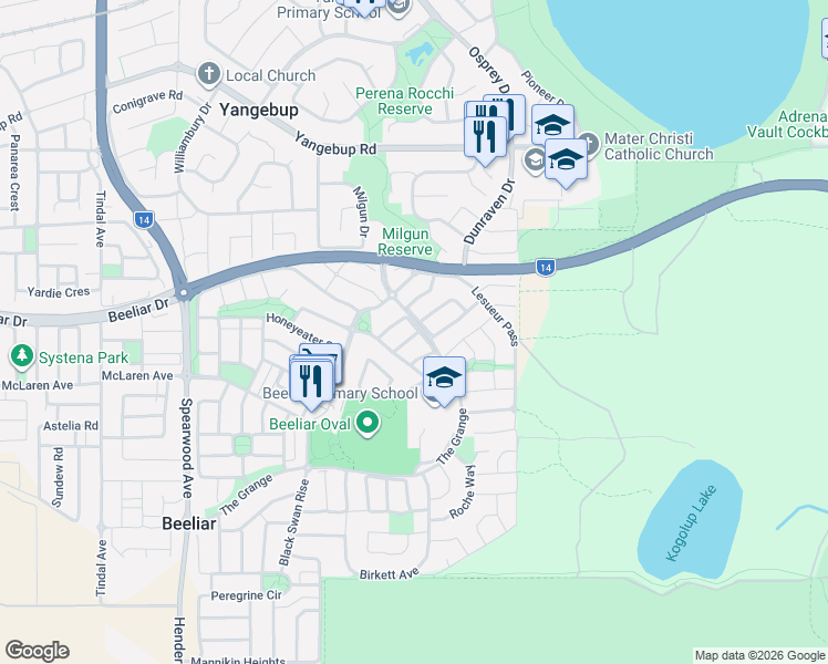 map of restaurants, bars, coffee shops, grocery stores, and more near 16 Suntree Mews in Beeliar