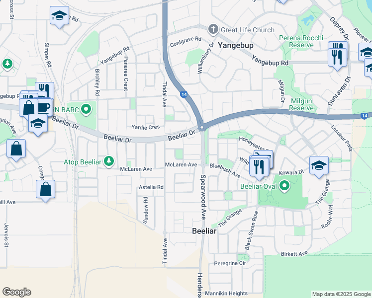 map of restaurants, bars, coffee shops, grocery stores, and more near 18 Wooleen Parkway in Beeliar