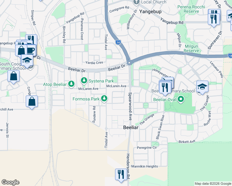 map of restaurants, bars, coffee shops, grocery stores, and more near 14 Nobilis Street in Beeliar