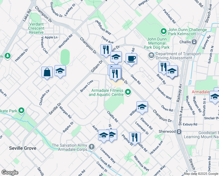 map of restaurants, bars, coffee shops, grocery stores, and more near 135 Challis Road in Seville Grove