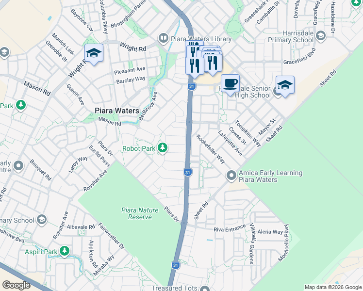 map of restaurants, bars, coffee shops, grocery stores, and more near 19 Telopea Way in Piara Waters