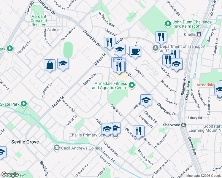 map of restaurants, bars, coffee shops, grocery stores, and more near 135 Challis Road in Seville Grove