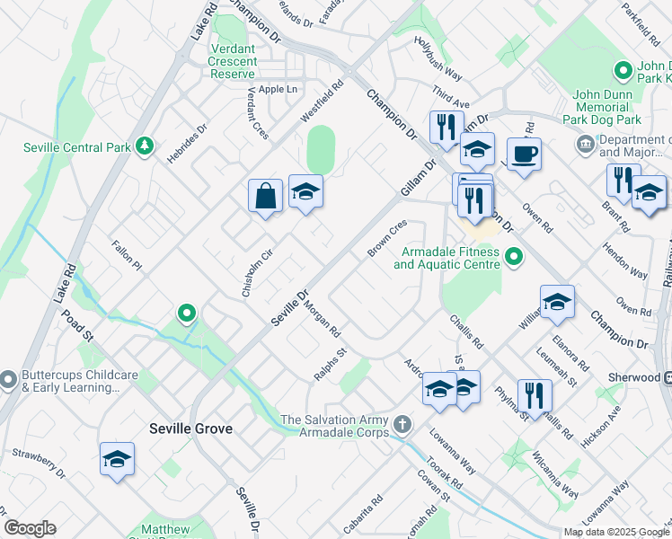 map of restaurants, bars, coffee shops, grocery stores, and more near 169 Seville Drive in Seville Grove