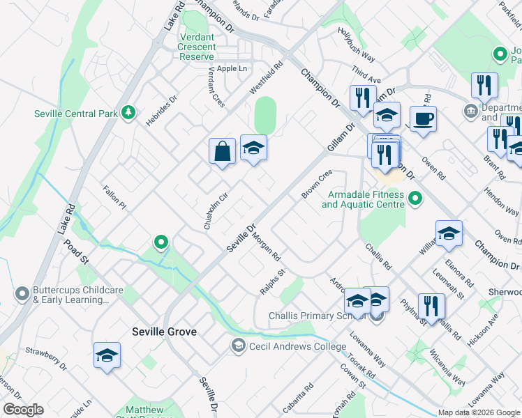 map of restaurants, bars, coffee shops, grocery stores, and more near 168 Seville Drive in Seville Grove