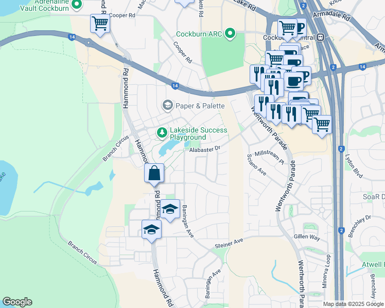 map of restaurants, bars, coffee shops, grocery stores, and more near 42 Derwent Crescent in Success