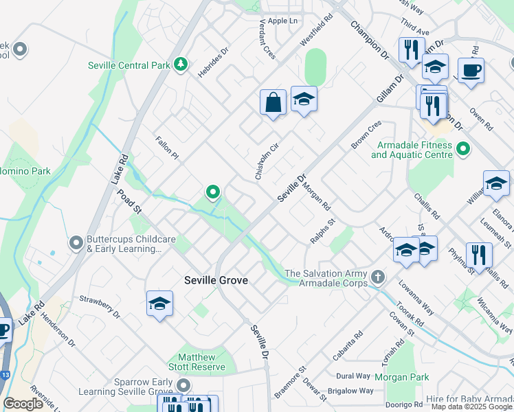 map of restaurants, bars, coffee shops, grocery stores, and more near 9 Jonquil Loop in Seville Grove