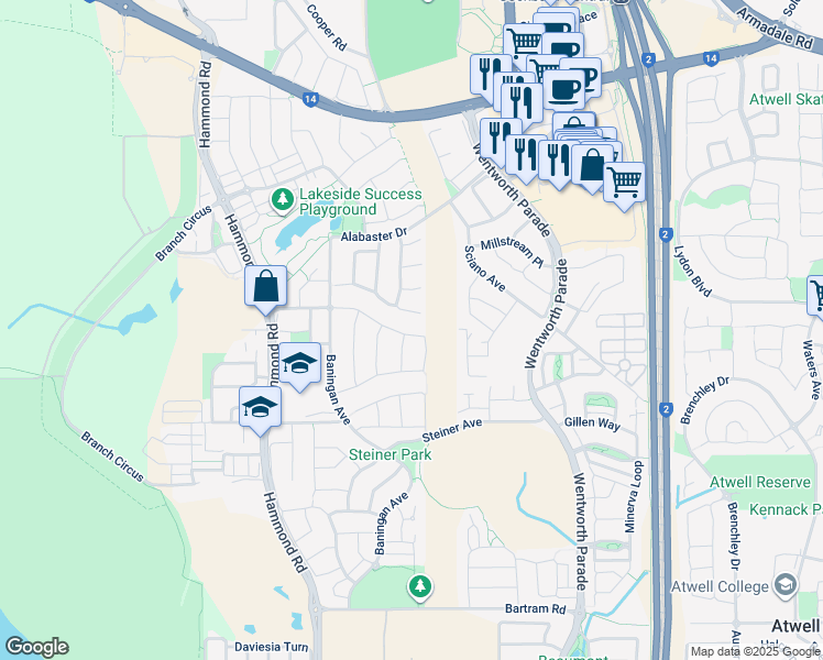 map of restaurants, bars, coffee shops, grocery stores, and more near 31 Marraboor Place in Success