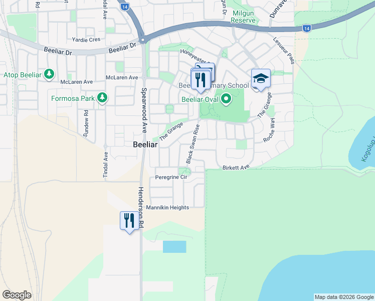 map of restaurants, bars, coffee shops, grocery stores, and more near 14 Black Swan Rise in Beeliar