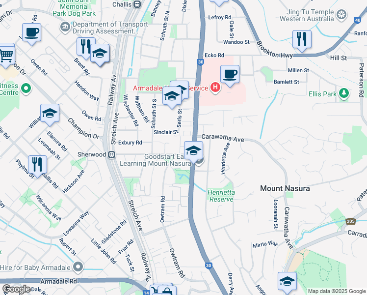 map of restaurants, bars, coffee shops, grocery stores, and more near 3 Serls Street in Armadale