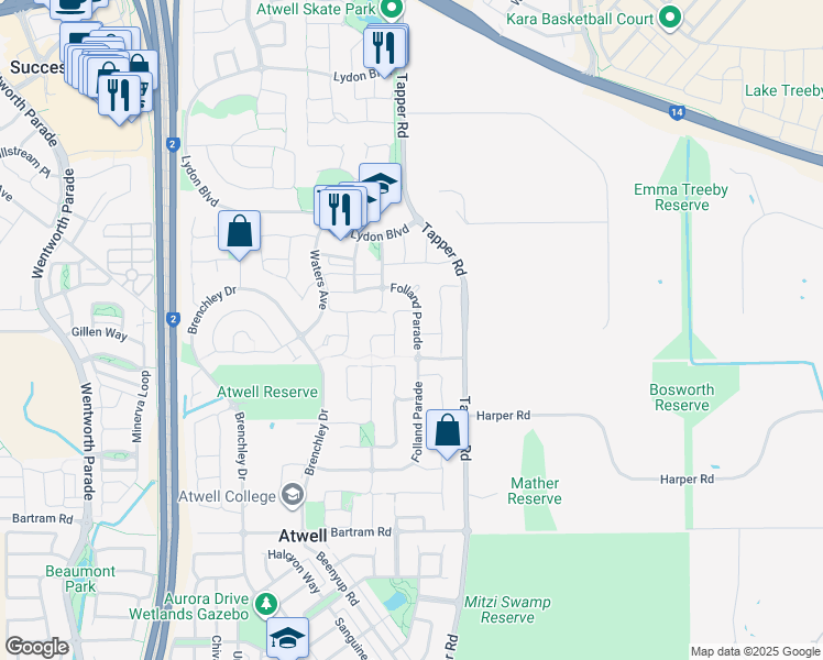 map of restaurants, bars, coffee shops, grocery stores, and more near 18 Folland Parade in Atwell
