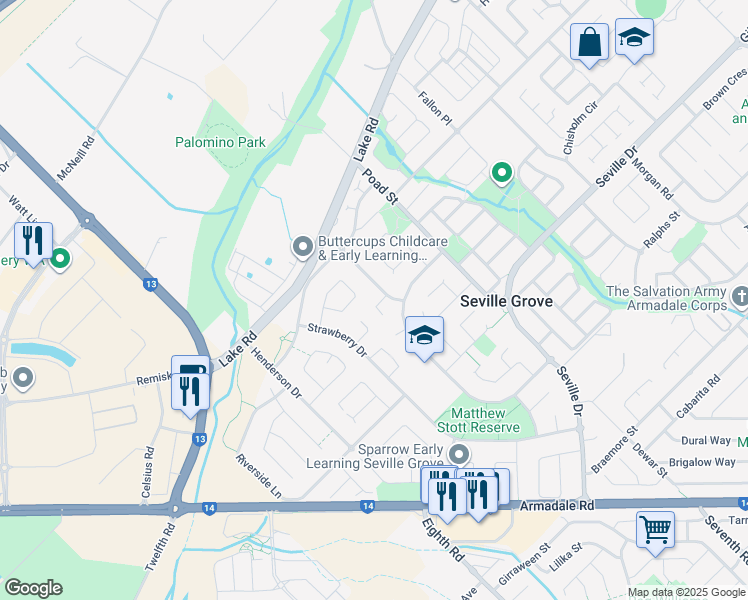 map of restaurants, bars, coffee shops, grocery stores, and more near 3 Kara Court in Seville Grove