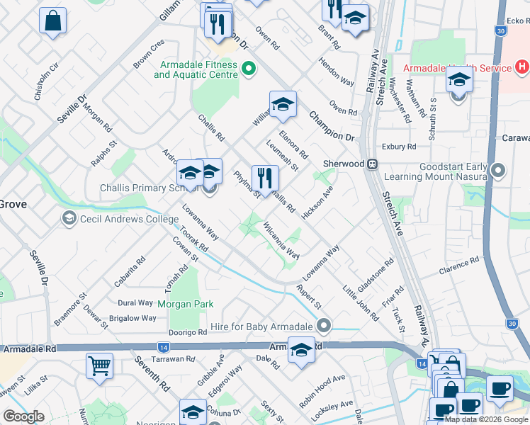 map of restaurants, bars, coffee shops, grocery stores, and more near 7 Wilcannia Way in Armadale