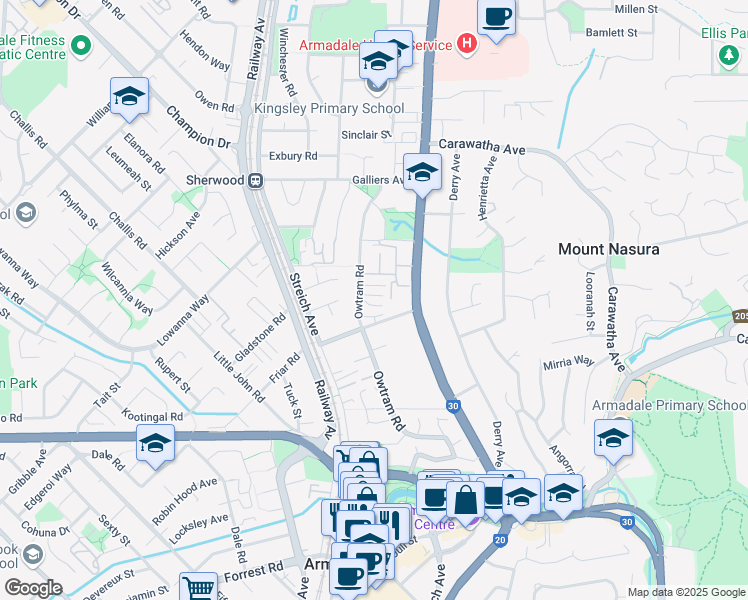 map of restaurants, bars, coffee shops, grocery stores, and more near 99 Owtram Road in Armadale