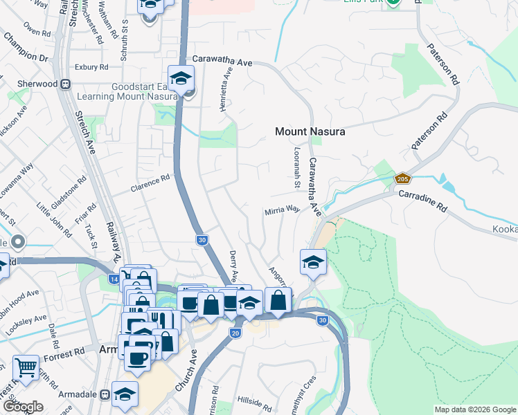 map of restaurants, bars, coffee shops, grocery stores, and more near 22 Binburra Way in Mount Nasura
