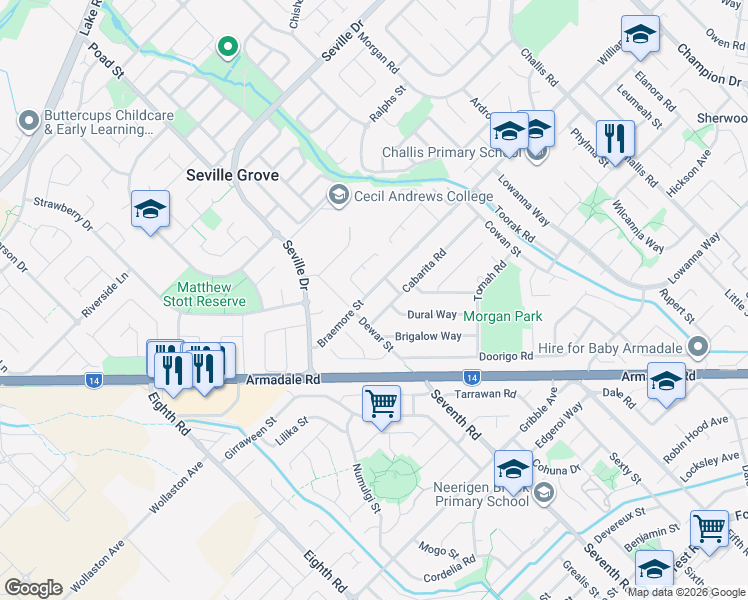map of restaurants, bars, coffee shops, grocery stores, and more near 122 Braemore Street in Armadale