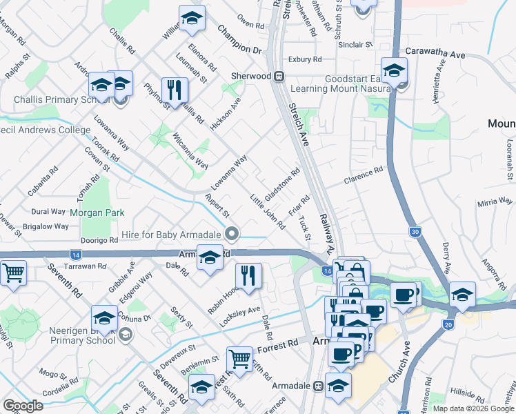 map of restaurants, bars, coffee shops, grocery stores, and more near 48 Little John Road in Armadale