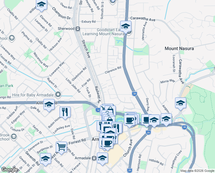 map of restaurants, bars, coffee shops, grocery stores, and more near 68 Owtram Road in Armadale