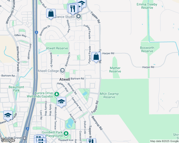 map of restaurants, bars, coffee shops, grocery stores, and more near 11 Jerrat Mews in Atwell