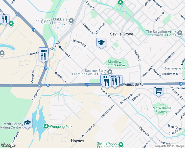 map of restaurants, bars, coffee shops, grocery stores, and more near 29 Tangerine Close in Seville Grove