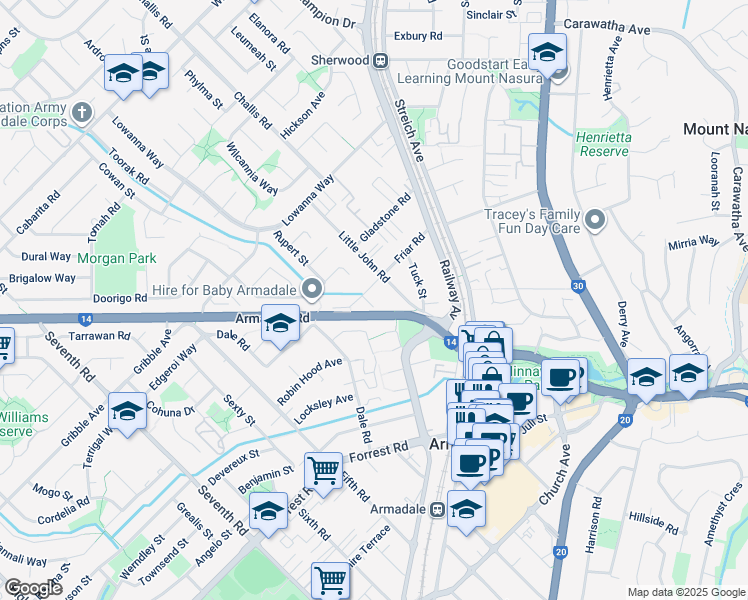 map of restaurants, bars, coffee shops, grocery stores, and more near 34 Friar Road in Armadale