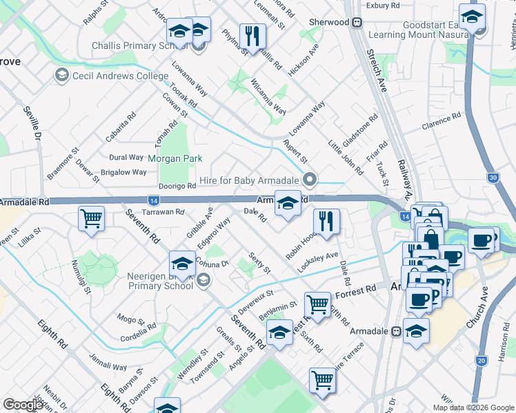 map of restaurants, bars, coffee shops, grocery stores, and more near 103 Dale Road in Armadale