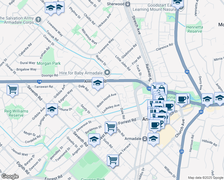 map of restaurants, bars, coffee shops, grocery stores, and more near 44 Dale Road in Armadale