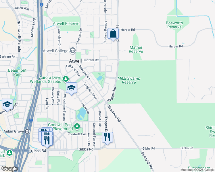 map of restaurants, bars, coffee shops, grocery stores, and more near 15 Pindan Elbow in Atwell