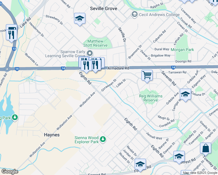 map of restaurants, bars, coffee shops, grocery stores, and more near 100 Girraween Street in Armadale