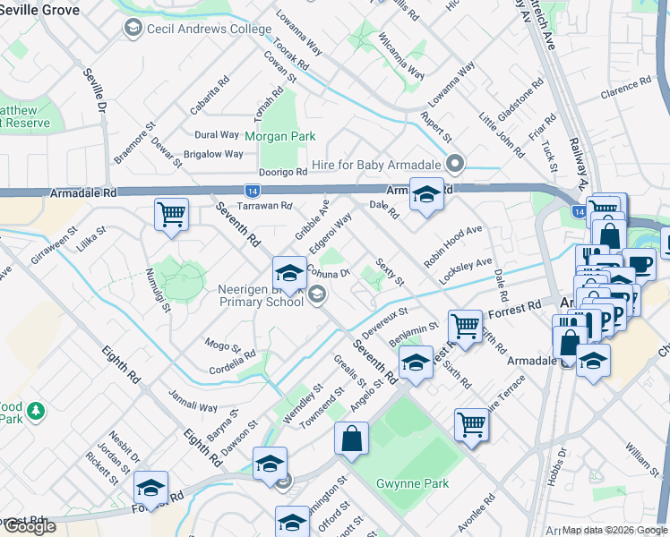 map of restaurants, bars, coffee shops, grocery stores, and more near 26 Cohuna Drive in Armadale