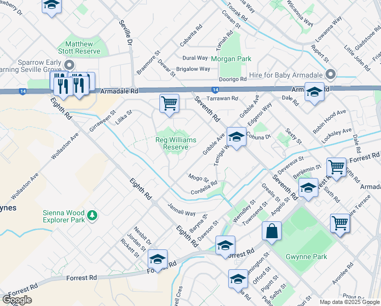 map of restaurants, bars, coffee shops, grocery stores, and more near 21 Cronin Place in Armadale