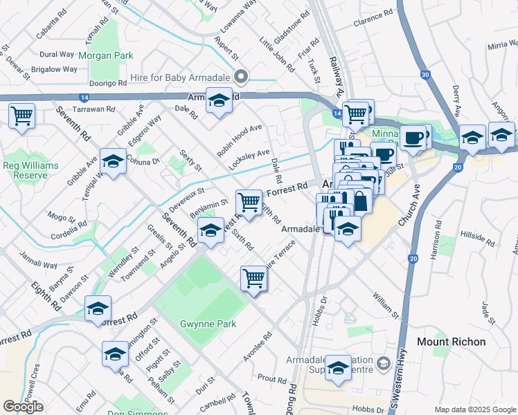 map of restaurants, bars, coffee shops, grocery stores, and more near 40 Fifth Road in Armadale