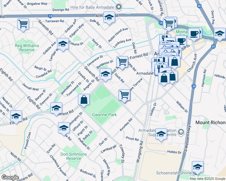 map of restaurants, bars, coffee shops, grocery stores, and more near 99 Seventh Road in Armadale